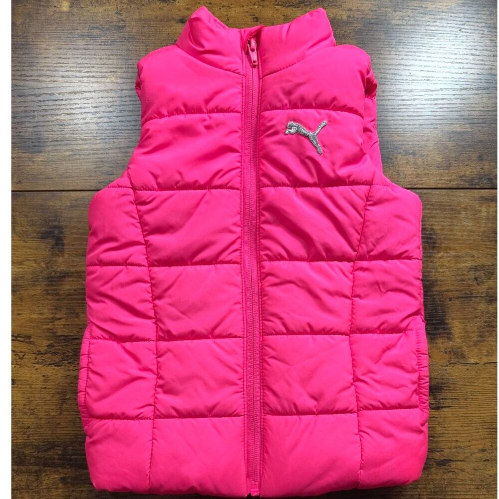 Puma Girls XXS 3/4 Neon Pink Puffer Vest Full Zip Quilted Logo EUC